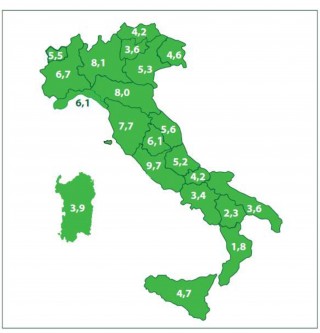 Incidenza delle nuove diagnosi di infezione da HIV (per 100.000 residenti) per regione di residenza (2014)