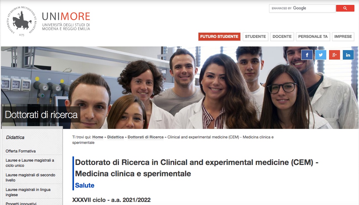 Unimore, Borsa di studio in Scienze Infermieristiche, nel bando di ammissione al Dottorato di ricerca in “CLINICAL AND EXPERIMENTAL MEDICINE”