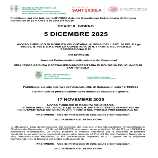Avvisi di mobilità volontaria per Infermieri - IRCCS AUO Bologna e AUSL Bologna