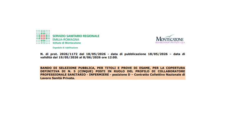 Pubblicato il bando di concorso per 5 infermieri a Montecatone