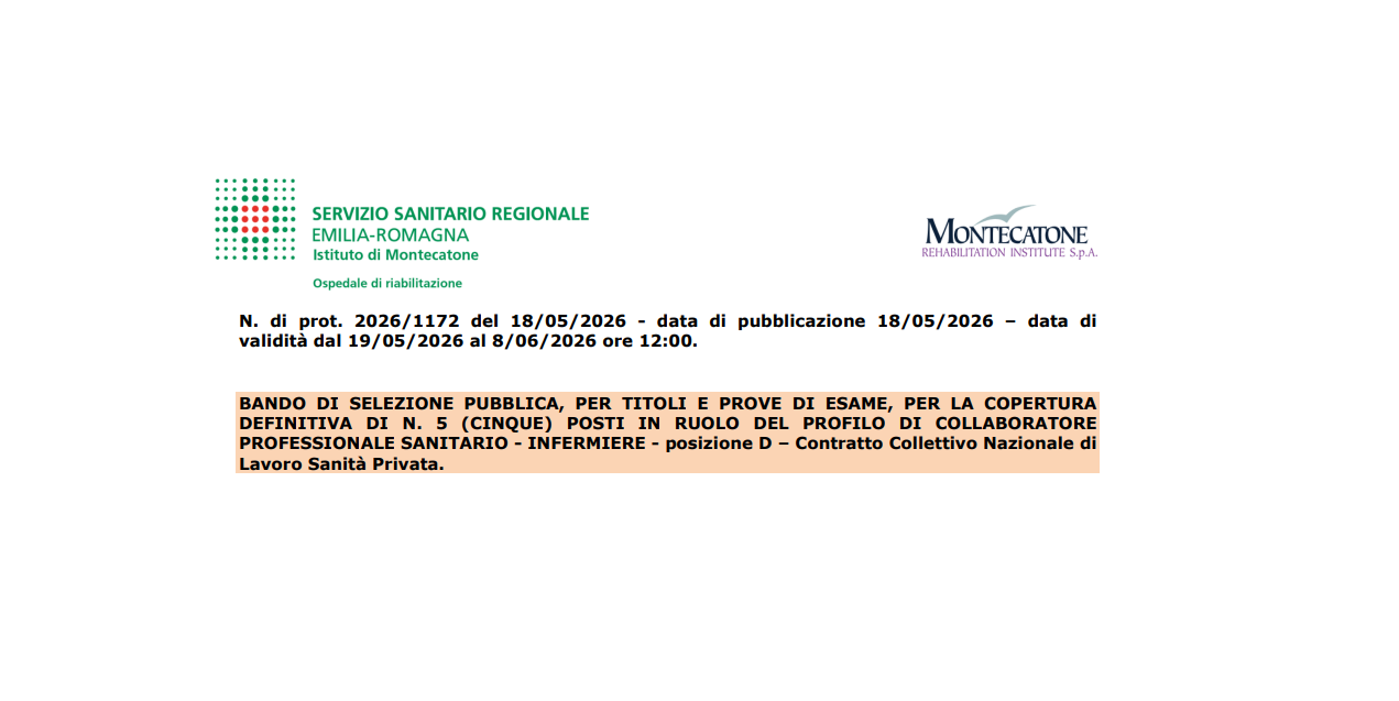 Pubblicato il bando di concorso per 5 infermieri a Montecatone