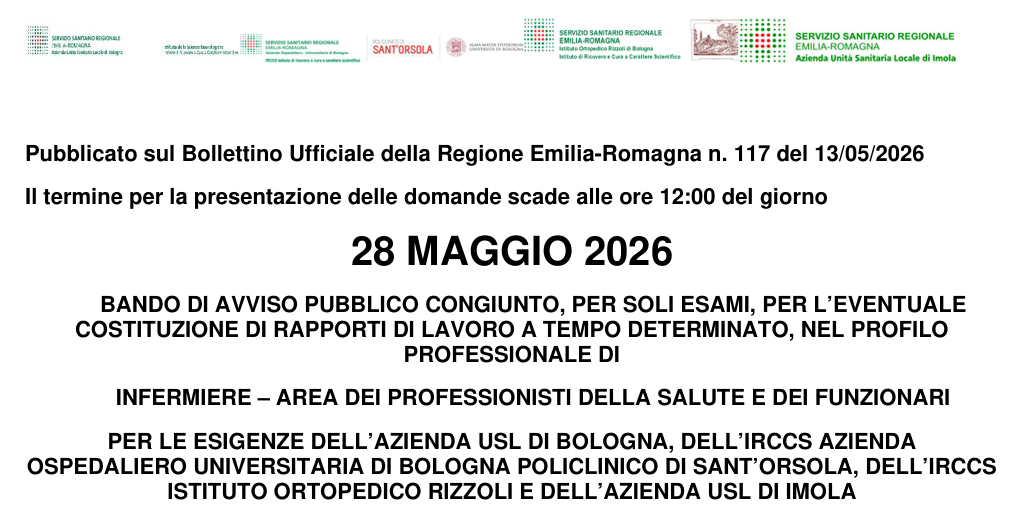 Pubblicato l’avviso pubblico congiunto per Infermieri: AUSL Bologna, Policlinico Sant’Orsola, IOR e AUSL Imola
